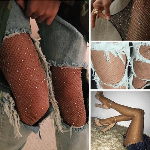 HIRIGIN Fashion Women's  Crystal Rhinestone Fishnet Elastic Stockings Fish Net Tights Pantyhose sexy Stockings