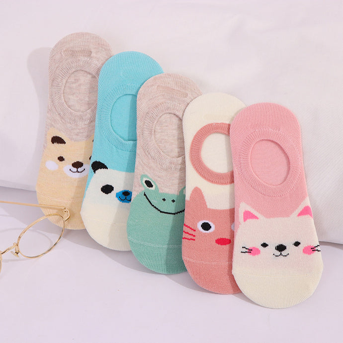 5 Pairs/lot Women Socks Candy Color Small Animal Cartoon Pattern Boat Sock for Summer Breathable Casual Girls Funny Fashion
