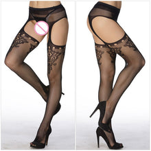Load image into Gallery viewer, Women Stockings Lace Top Thigh-Highs Cut Out Sheer Nylon Stockings Open Crotch Pantyhose Knee Socks Sexy Lingerie Tights SW093